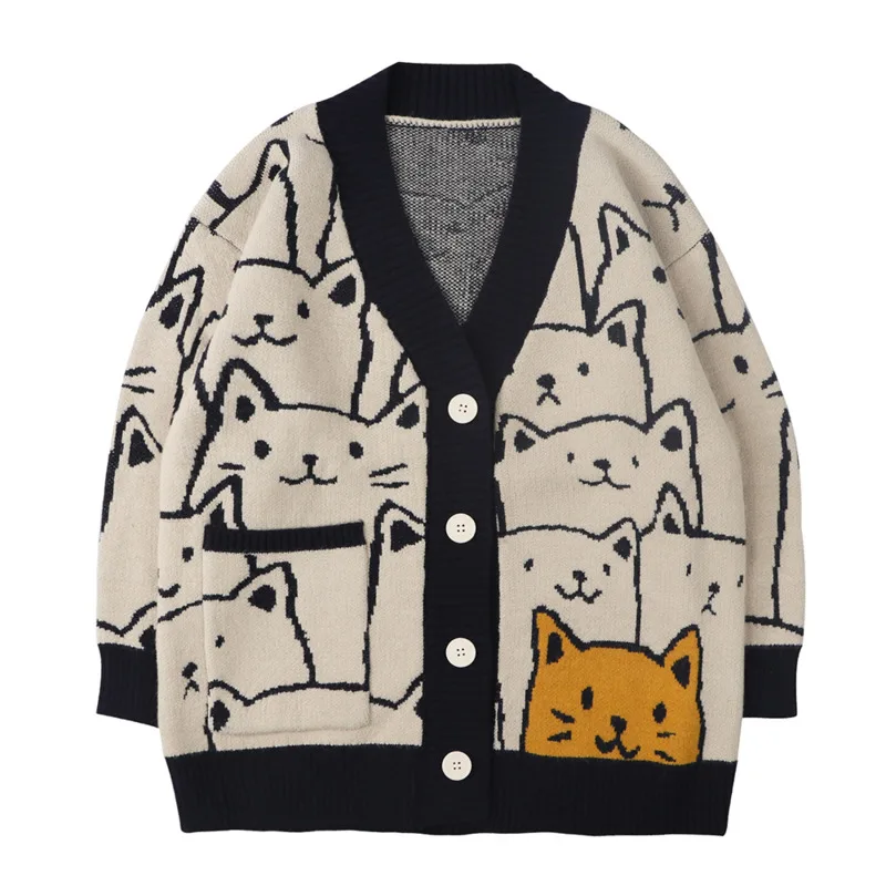 

Harajuku harajuku cat from cartoons cardigan impression male sweater streetwear pattern casual fashion mesh jacket unisex