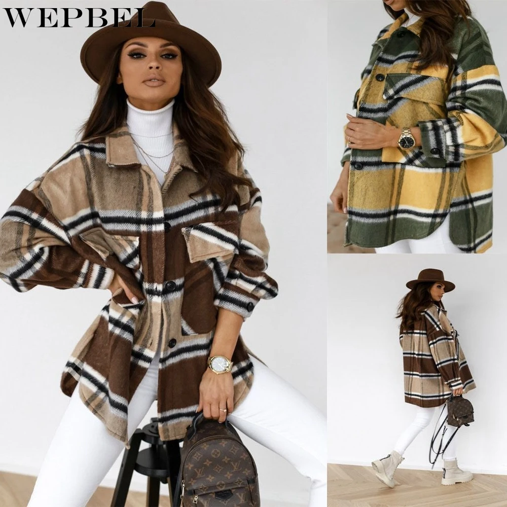 

WEPBEL Spring and Autumn Fashion Plaid Printed Loose Coat Women's Casual Long-Sleeved Single-Breasted Turn-down Collar Jacket