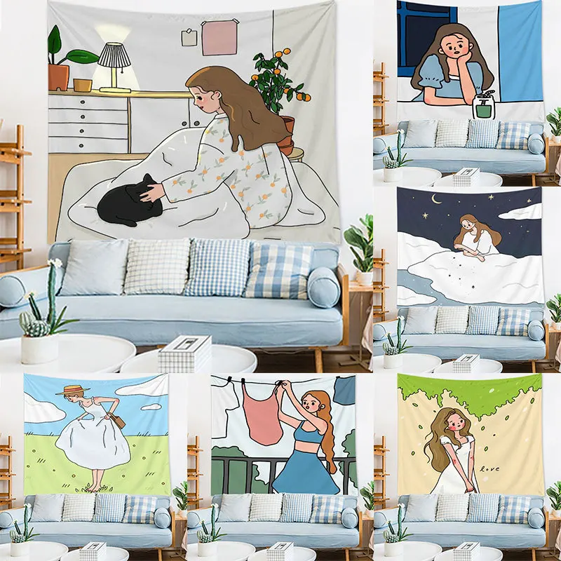 

2022 Hanging Fabric Ins Girl Room Decoration Dormitory Bedroom Wall Cloth Cartoon Bedroom Home Decor Blanket Tapestry