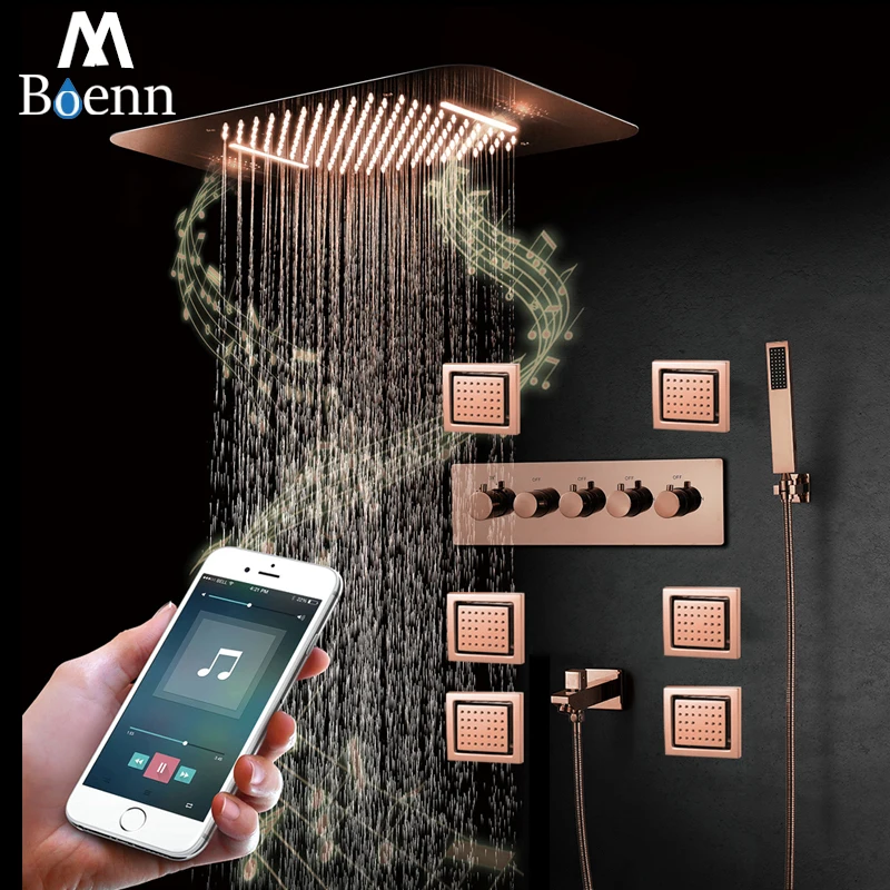

MBoenn Luxurious Villa Rose Gold Music Rain Shower System Bathroom Faucet Embedded Ceiling LED Shower Head Thermostatic Bath Tap
