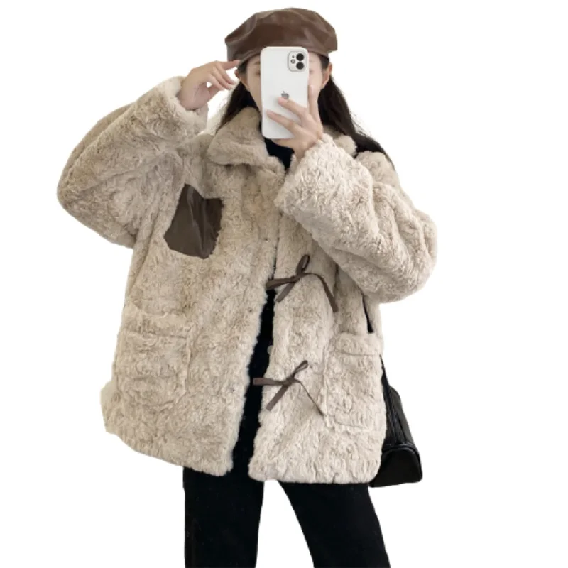

Sweet Cute Plus Velvet Lamb Wool Women Coat Korean Winter Thick Plush Short Teddy Jacket Bow Button Short Women Clothing Female