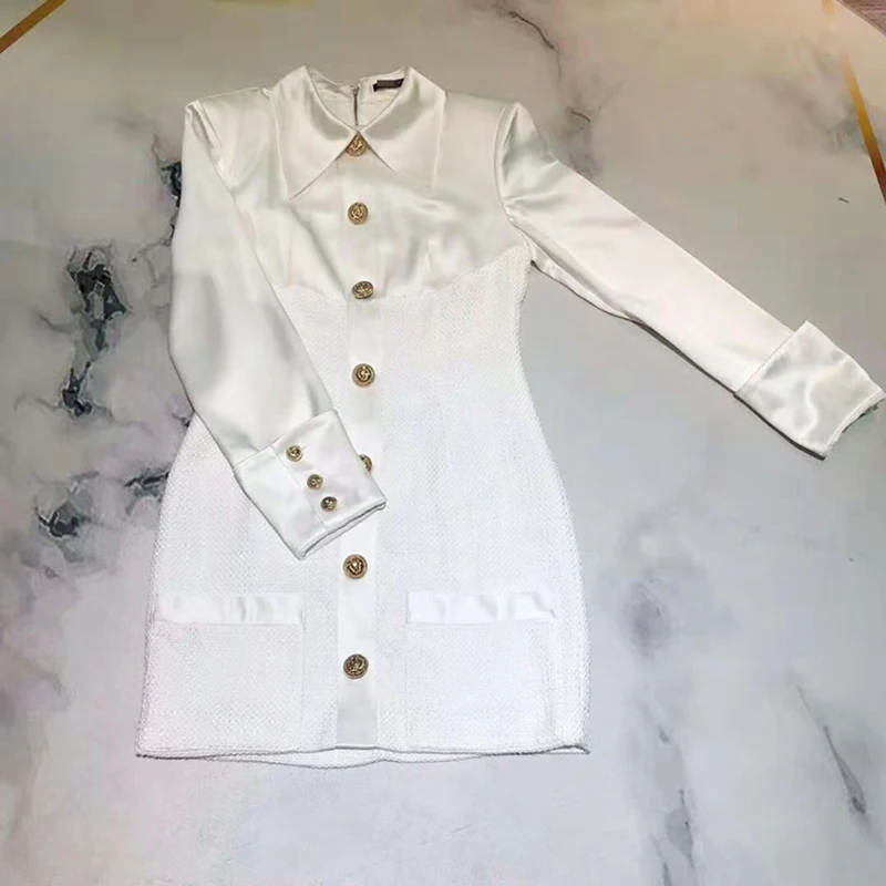 white TWOTWINSTYLE, сатиновый, пэчворк, летнее платье для женщин, воротник с лацканами, длинный рукав, высокая талия, мини-платья, женская мода - Цвет: white