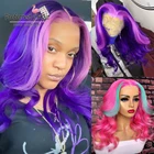 Популярные розовые парики из человеческих волос, зеленые, фиолетовые, блестящие передние парики из человеческих волос на сетке, предварительно выщипанные переливающиеся парики для женщин