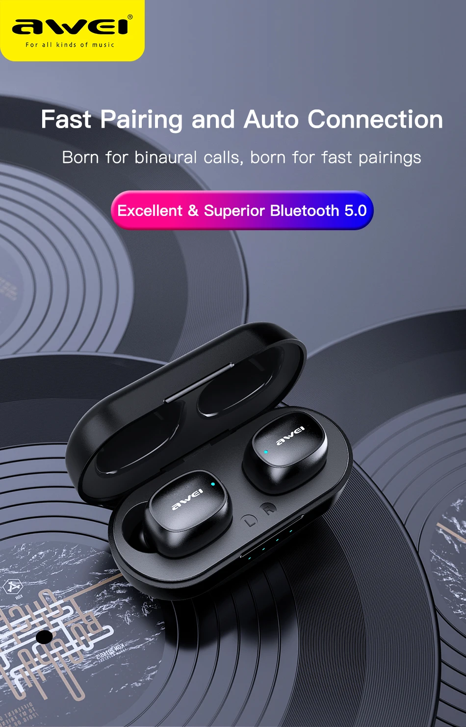 AWEI T13 TWS настоящие беспроводные Bluetooth наушники бас HiFi в уши мини Капсула Touch Contorl с микрофоном HiFi стерео игровые наушники