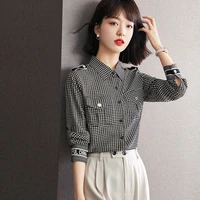 autumn korean fashion women houndstooth letter chiffon blouses office lady slim lapel shirt tops blusa