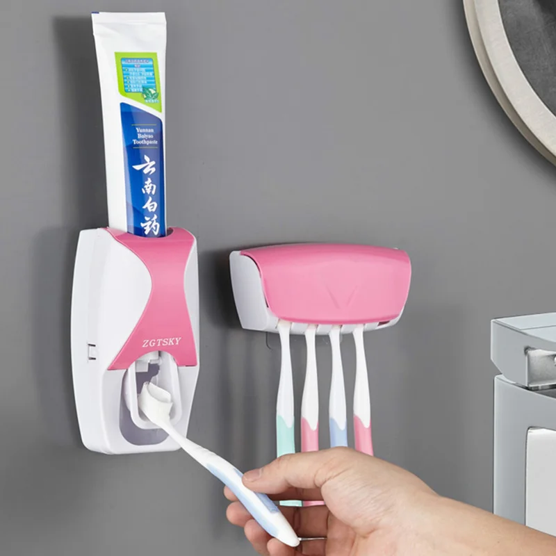 

Automatic Toothpaste Dispenser Wall Mount Dust-proof Toothbrush Holder Wall Mount Storage Rack Bathroom Accessories Set Squeezer