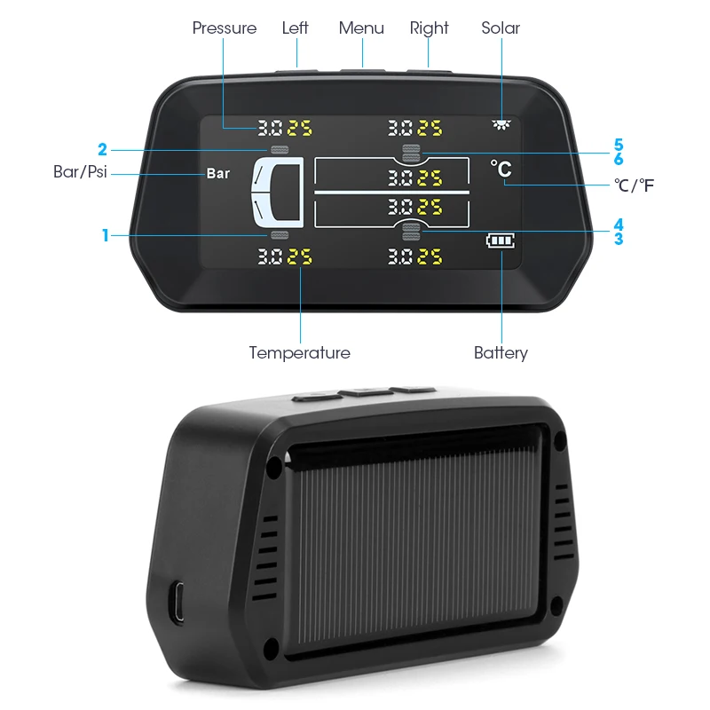 Jansite Truck TPMS Alarm Tire Pressure Sensor Monitoring System Car Tyre Pressur Solar Power Auto Security 6 sensors for RV Bus |