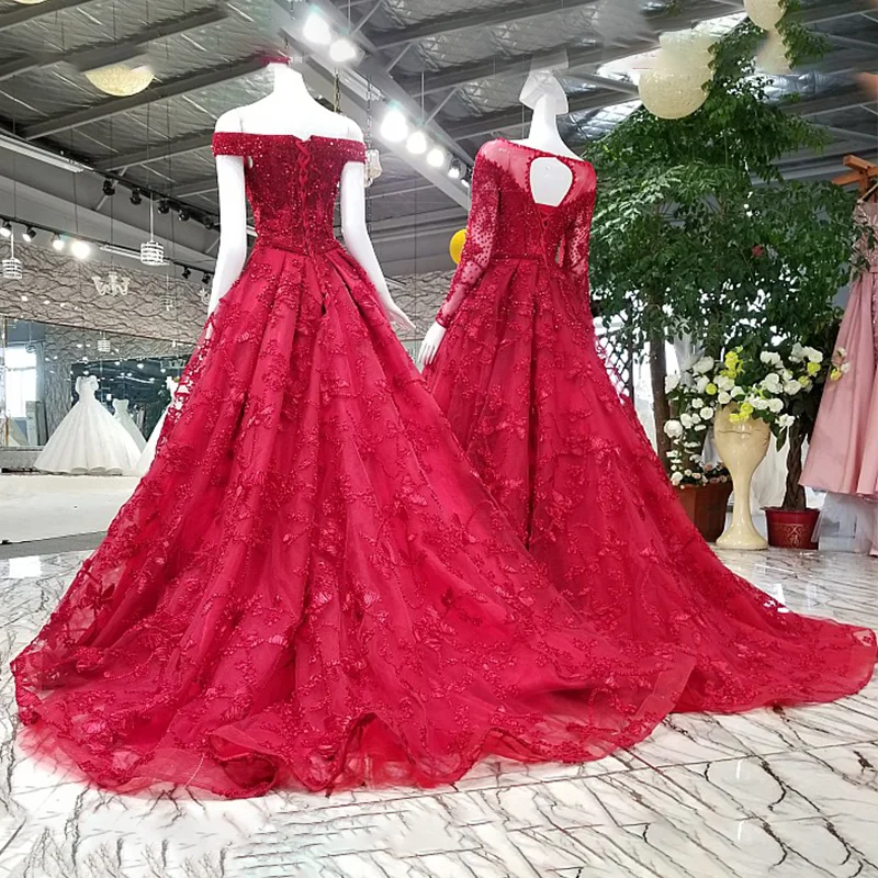 LS62114 vestido de noiva 2018 красный цвет с длинными рукавами и шеей для лодочной лодыжки два