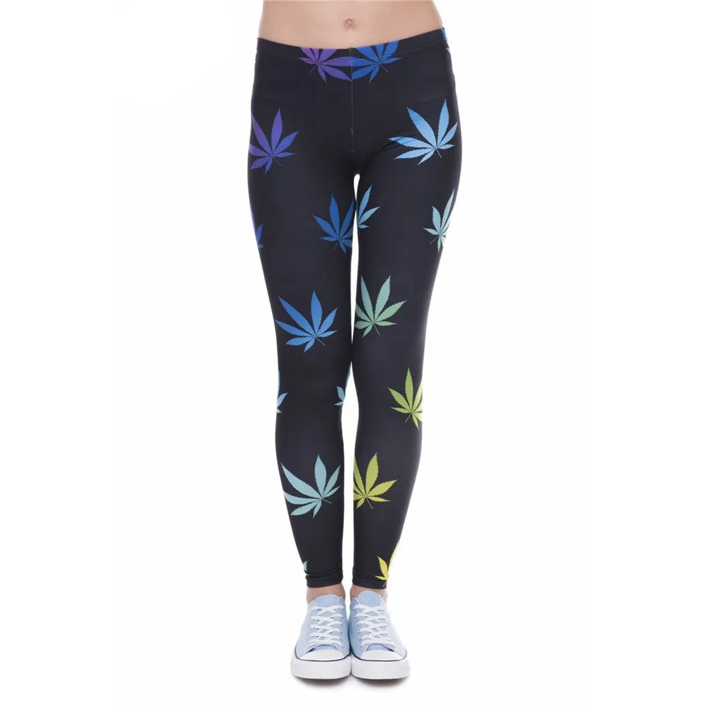 

Black Leaf Printing polyester Leggings Push Up Fashion Pants High Waist Workout Jogging For Women Athleisure Training Leggings