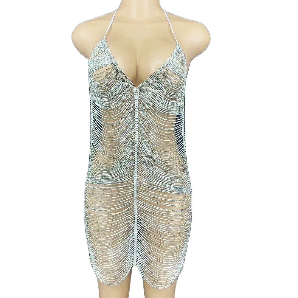 

Shinny Inlaid Diamonds Sleeveless Backless Short Dresses Hollow Out Chain Women Dresses Evening Prom Outfit Stage Wear Lady