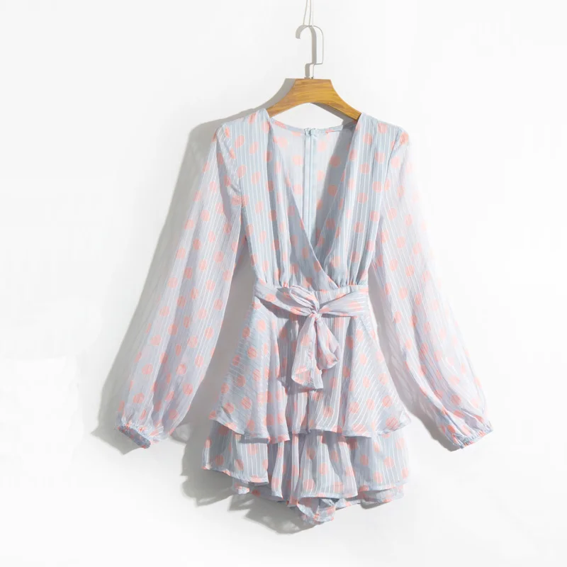 Летний женский комбинезон повседневный в горошек с V образным вырезом и длинными