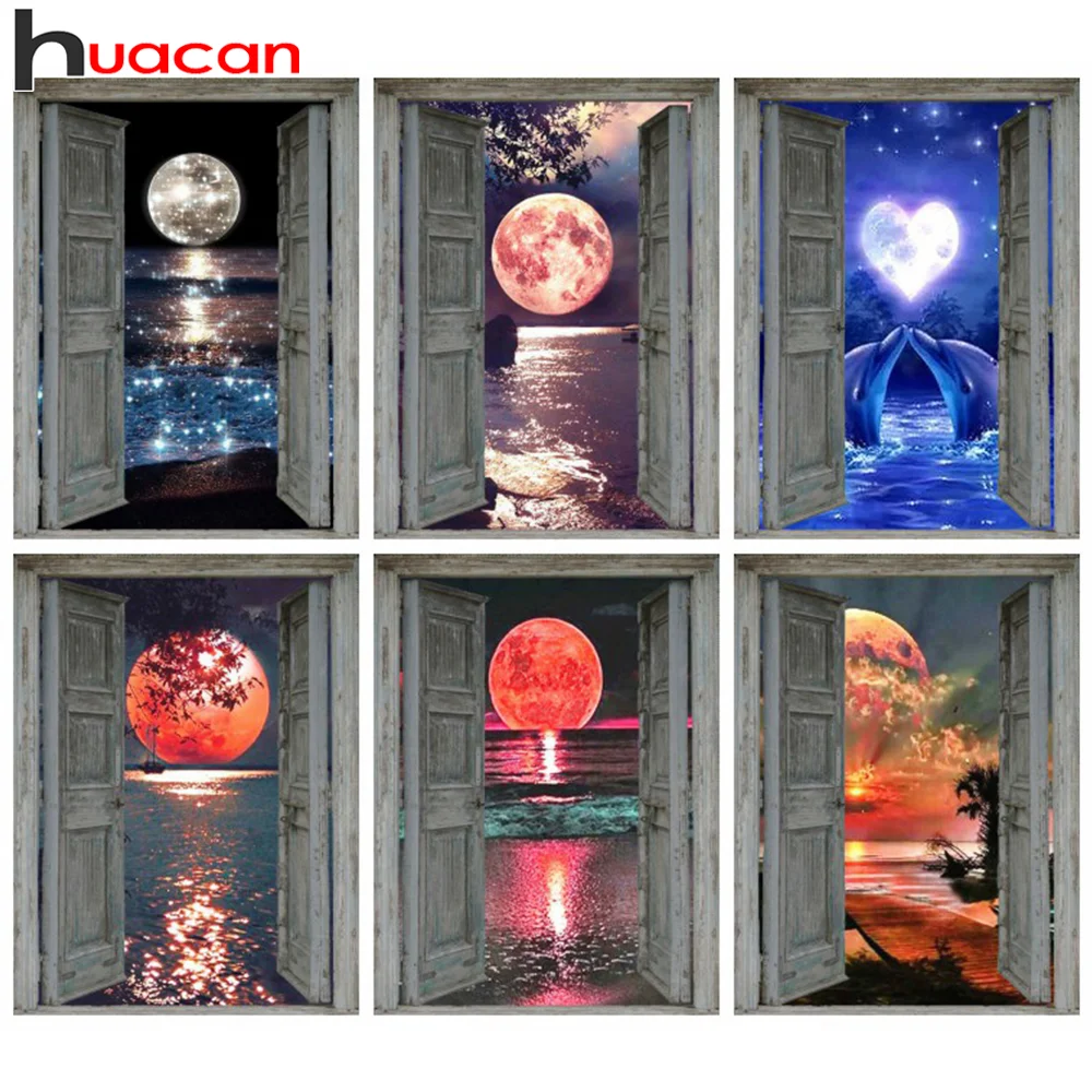 

Huacan 5d алмазная живопись камни в форме ромба ночной Луны мозаика двери вышивка пейзажа море Стразы фотографии домашний декор