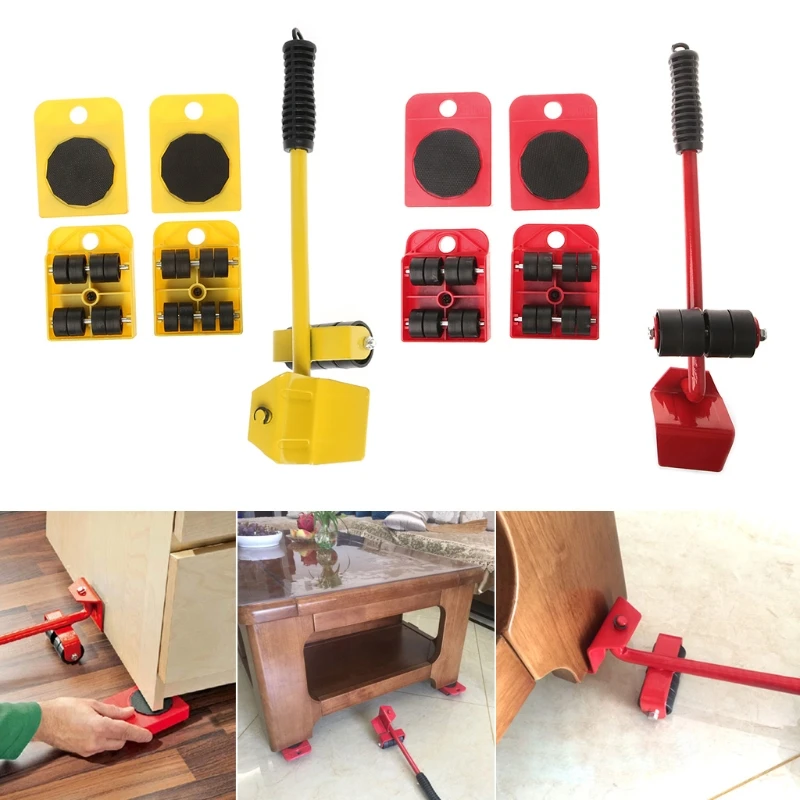 

5pcs Furniture Lifter Slider Kit Heavy Stuffs Mover Tool Wheeled Roller Wheel Bar Device Max Up for 150Kg K0AB