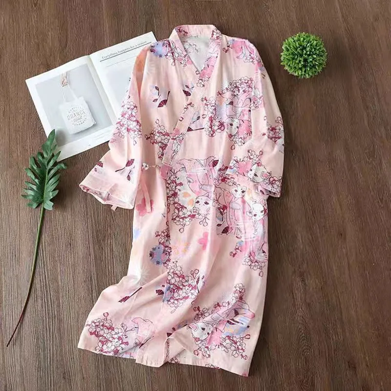 100% Cotton Kimono Night Gowns Women's Sleepwear Sexy Flower Belt Full Sleeve Robe Sweet Female Homewear Set Big Size