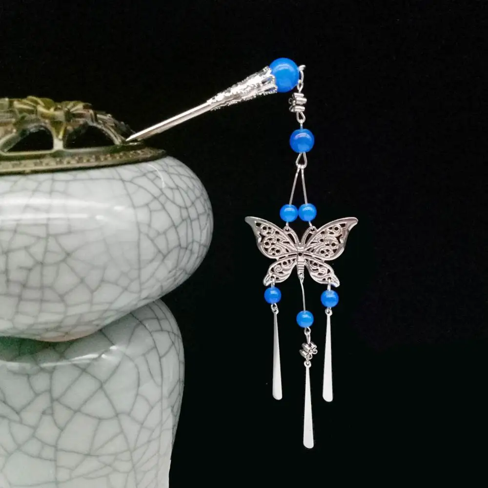 Style2 Blue Винтажные Серебряные Китайские Этнические палочки для волос с бабочкой и подвеской в виде цветка для женщин, свадебные украшения для волос, аксессуары для свадебной вечеринки - Окраска металла: Style2 Blue