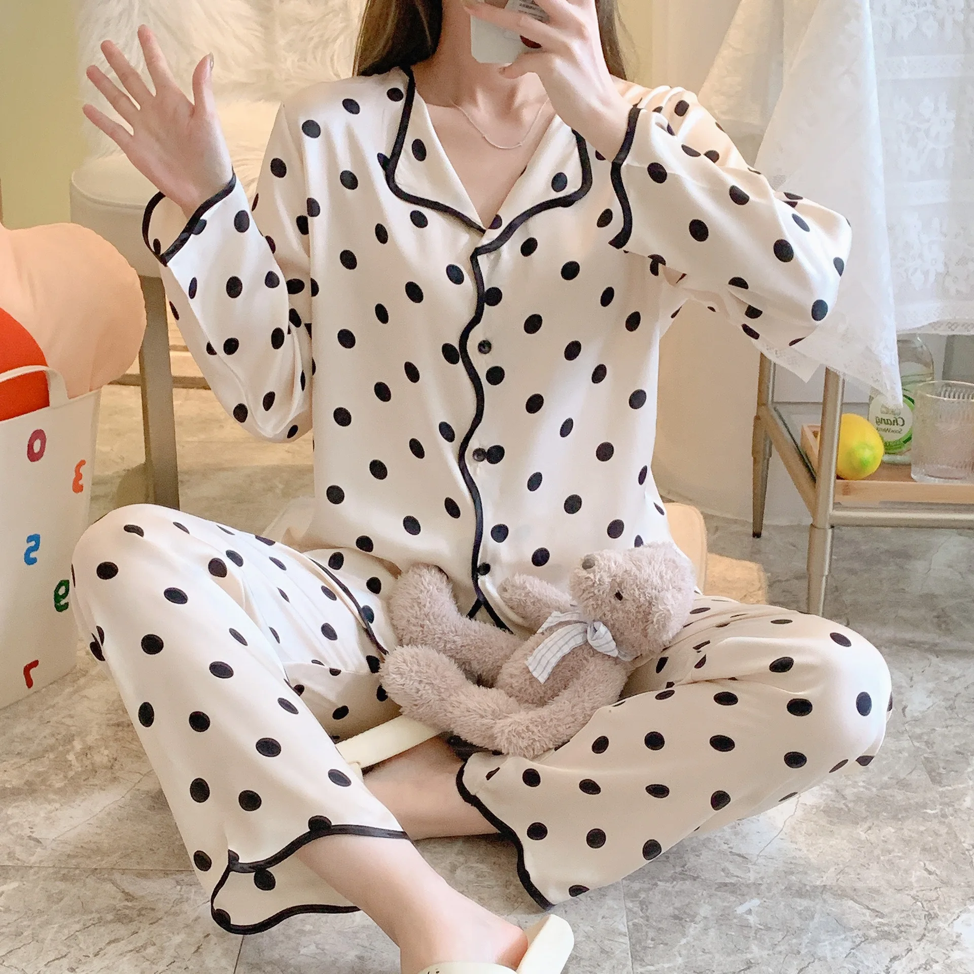 

Пижамный комплект в горошек, Женская атласная рубашка и брюки, одежда для сна из 2 предметов с длинным рукавом, женский брючный костюм, пижам...