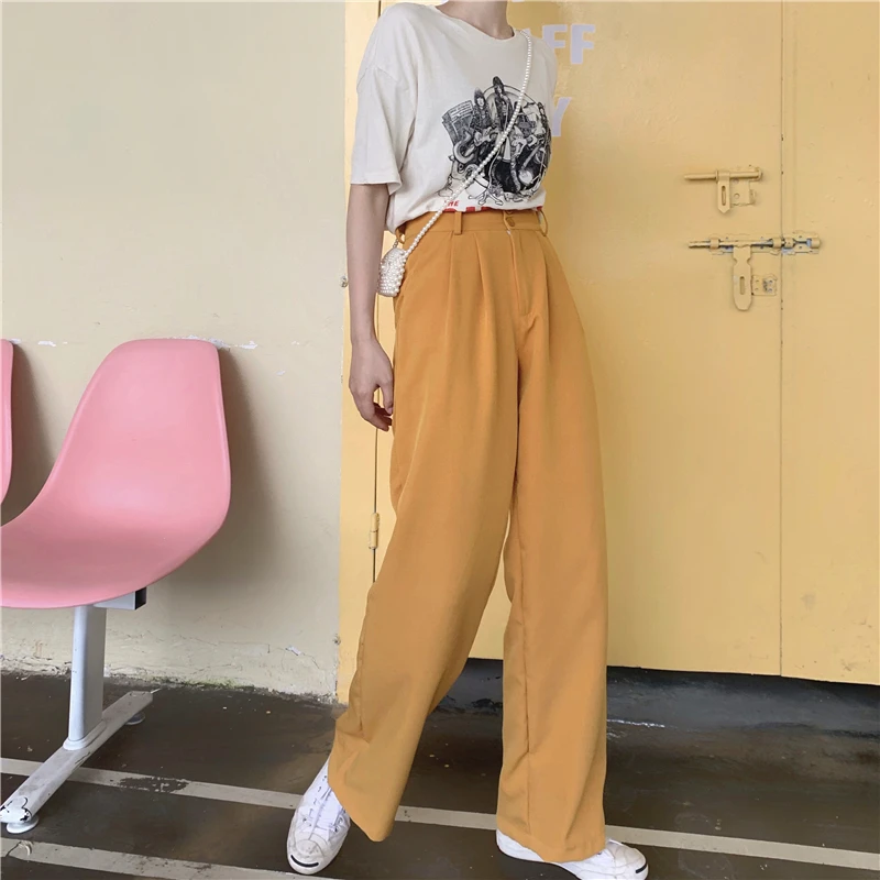 yellow Костюм брюки женские прямые с высокой талией ins Harajuku Корея Винтаж BF Осень Новая мода свободные Простые повседневные женские широкие брюки - Цвет: yellow