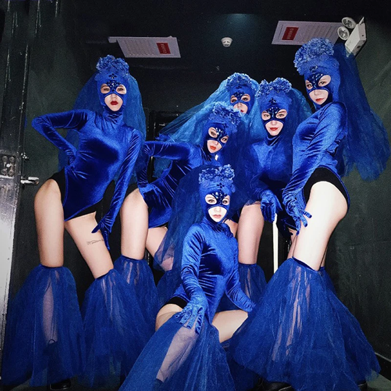 Женский комбинезон для ночного клуба синее боди джазовое платье одежда