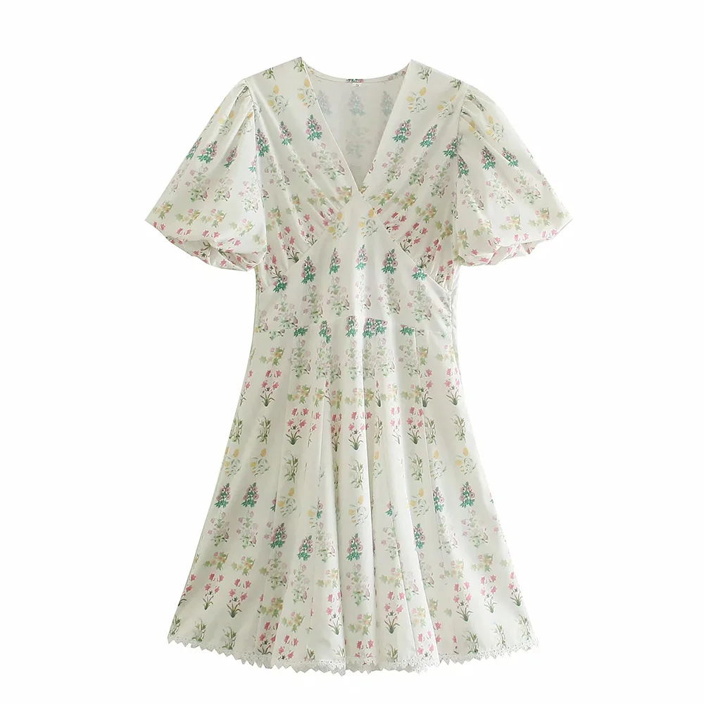 

BBWM Women Dresses Summer 2021 Sexy V Neck Floral Print Boho Beach Ruffle Short Sleeve A Line Mini Dress Wrap Sundress Robe