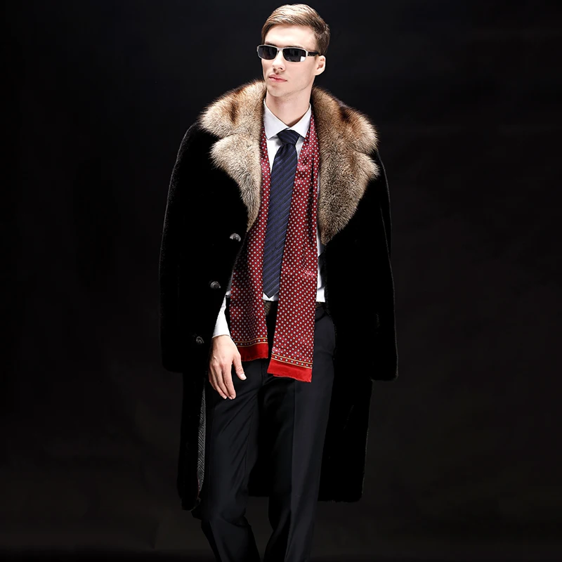 Ftangaiur Winter Jacket USA Import Velvet Mink Coat Turn-Down Collar Coats Soft Men's X-Long Smart Natural Real | Мужская одежда