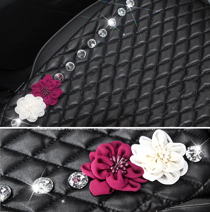 

1PCS Popular Crystal Flower Leather Car Seat Cover Cushion Rhinestone Universal fit Car Front Rear Seat Pads for Woman - Black