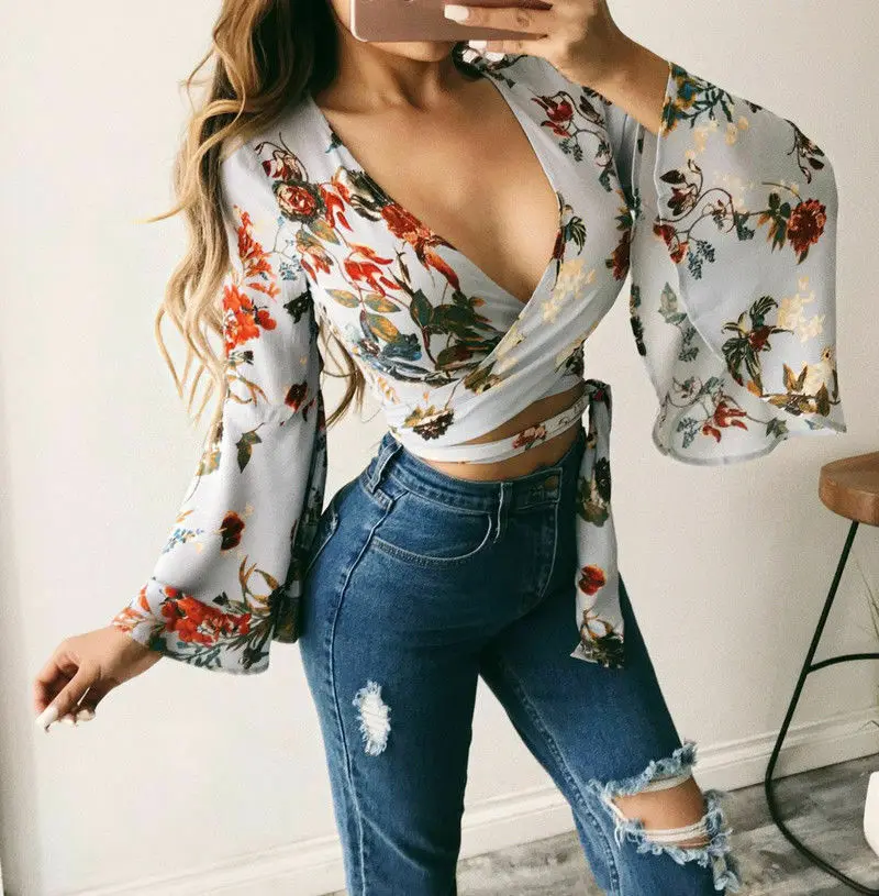 Сексуальные женские топы с глубоким v-образным вырезом цветочные бандажные