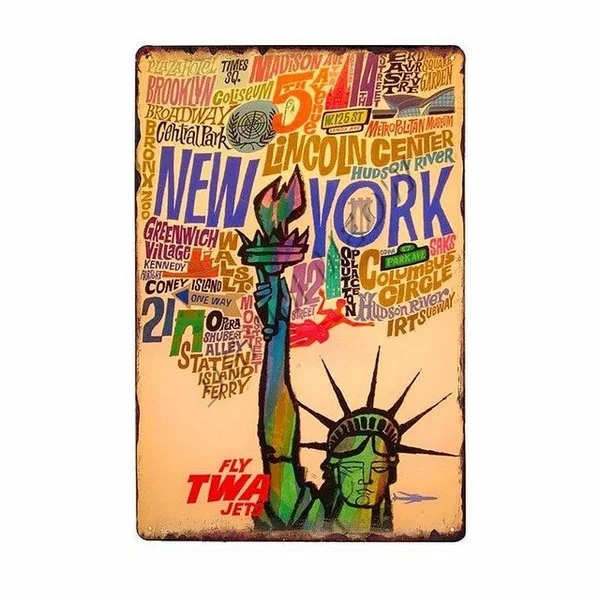 

New York Metal Tin Signs Vintage The Wonder City Wall Art Painting Posters USA Flag Bar Pub Retro Statue of Liberty Decor WY103