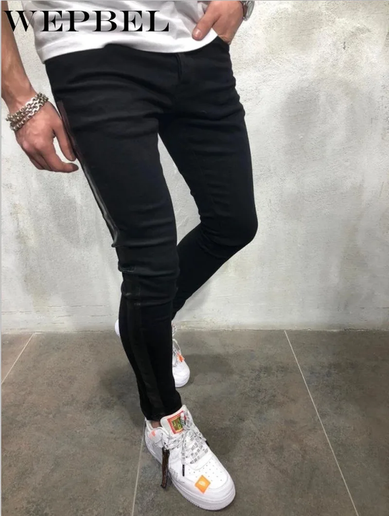 

Mandylandy Men Fashion Casual Pencil Long Jeans Skinny PU Pencil Denim Pants Men Pure Color Slim Fit Classic Pants