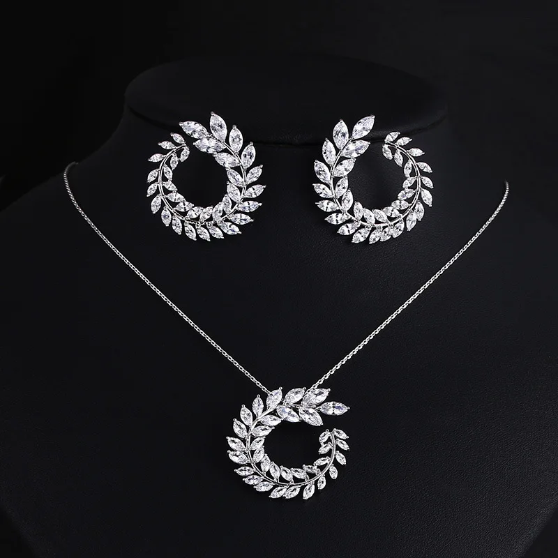 

2pcs Pack Fashion Women Costume Jewelry Sparkly Olive Branch Marquise Cut Cubic Zirconia Pendant Necklace And Earring Sets