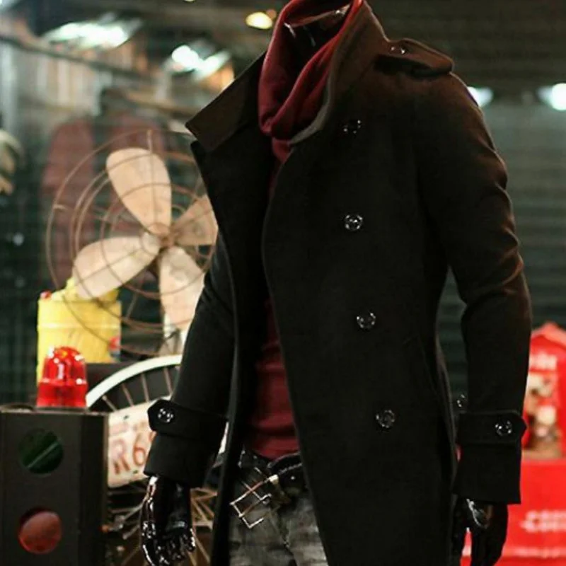 Тренчкот мужской шерстяной теплый двубортный кашемировый пиджак с отложным