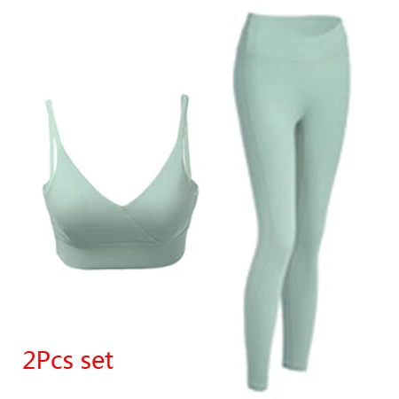 Gray green 2Pcs Set 2 предмета Для женщин спортивные костюмы одежда для фитнеса, тренажерного зала бесшовные Высокая Талия Леггинсы спортивный пуш-ап бюстгальтер одежда для йоги комплект Женская спортивная одежда - Цвет: Gray green 2Pcs Set