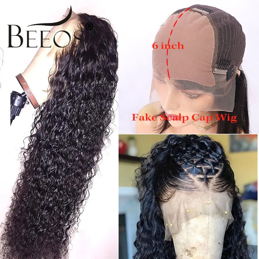 Fake Scalp Cap Wig Предварительно выщипанные 13x6 глубокая часть кружева спереди кудрявые человеческие волосы парики 180 черные отбеленные узлы перуанские поддельные волосы remy для женщин - Цвет: Fake Scalp Cap Wig