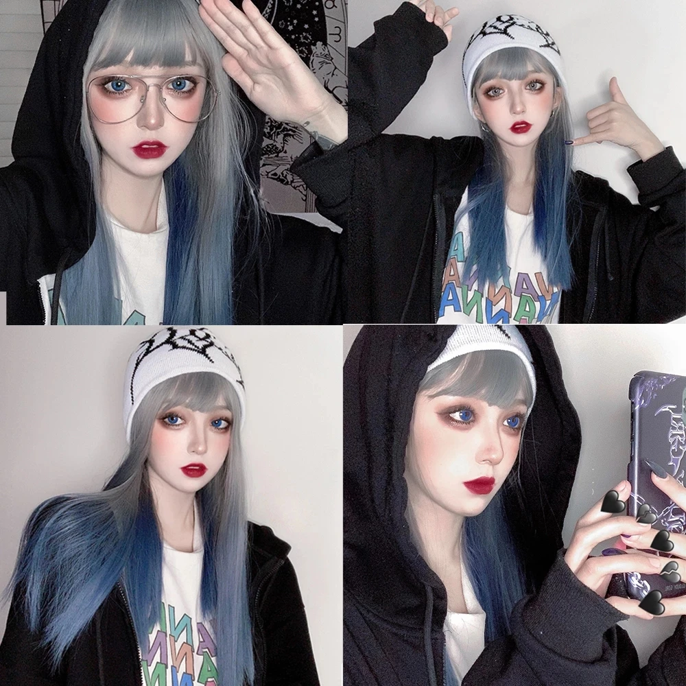 

AILIADE Short Synthetic Wigs Straight Middle Part Side Fake Hair Grey To Blue Heat Resistant Women Fashion Cosplay Party Wig