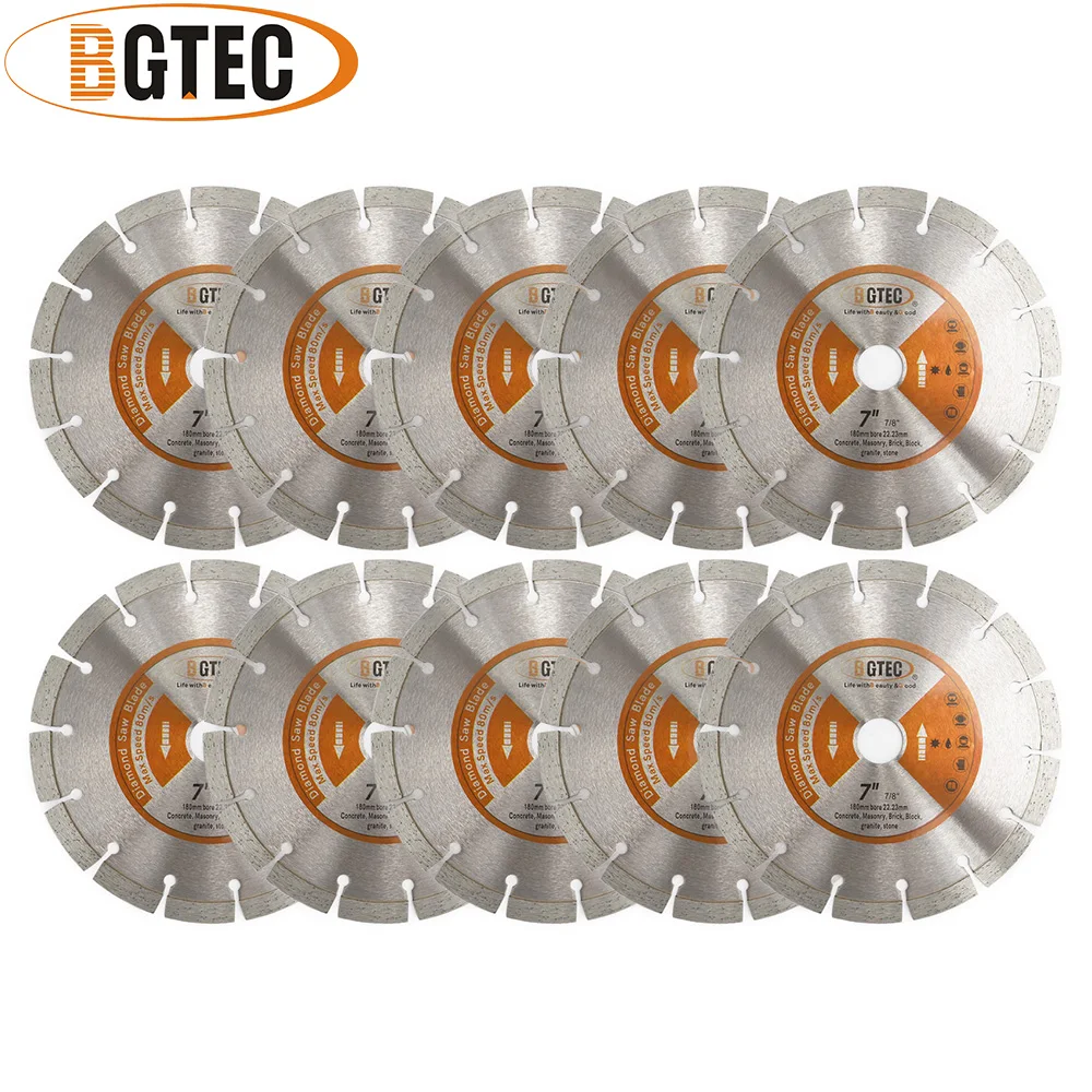 BGTEC 10pcs 180MM Diamond Hot Pressed Segmented Saw Blade Cutting Disc for Granite Marble Stone Tile Concrete