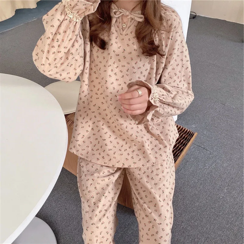 Early Autumn 2021 New Frosted Floral Long Sleeve Housewear Suit Lace Nightwear Patchwork Women's Pajamas Set Female Sleepwear