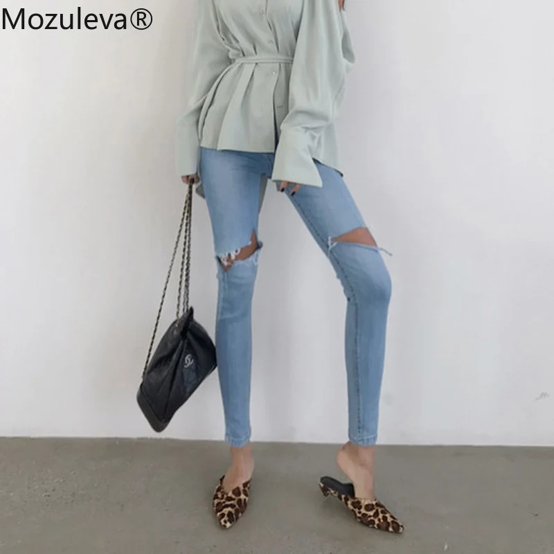 Осенние легкие рваные женские джинсовые брюки-Капри из денима голубые