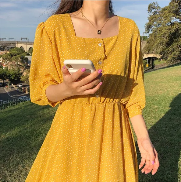 S XL летнее женское платье повседневное шифоновое в горошек с длинным рукавом