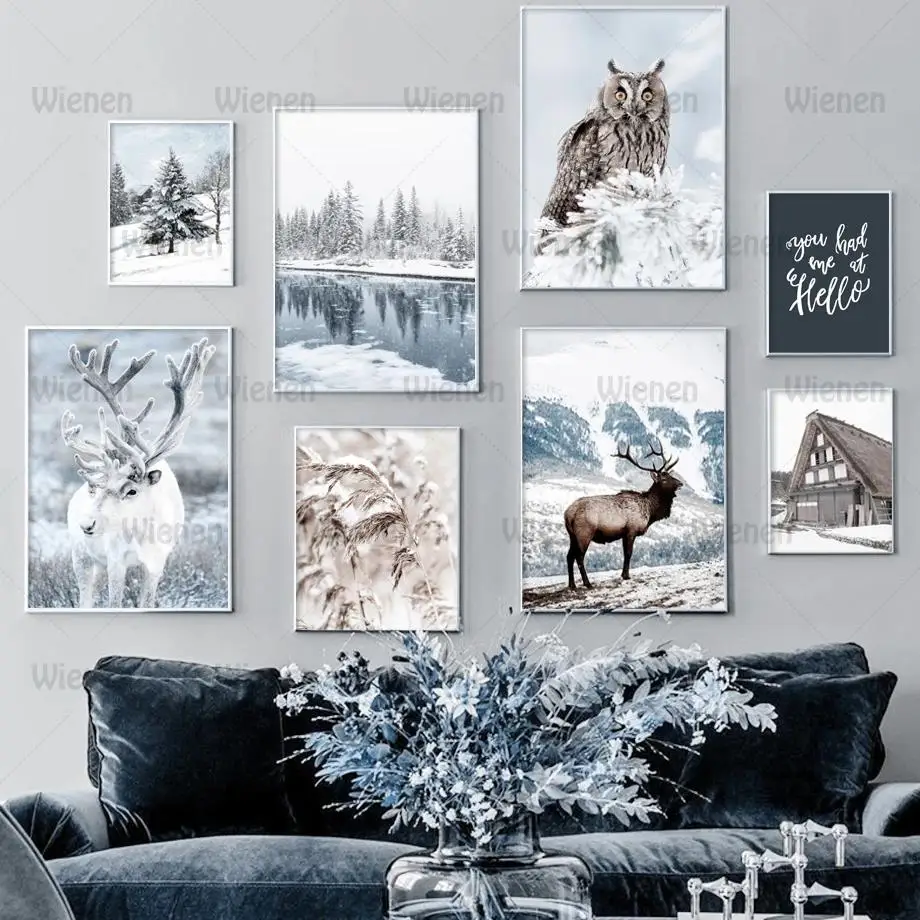 

Winter Snow Mountain Canvas Painting Nordic Deer Owl Forest River Wall Art Posters & Prints Wall Pictures for Living Room Decor