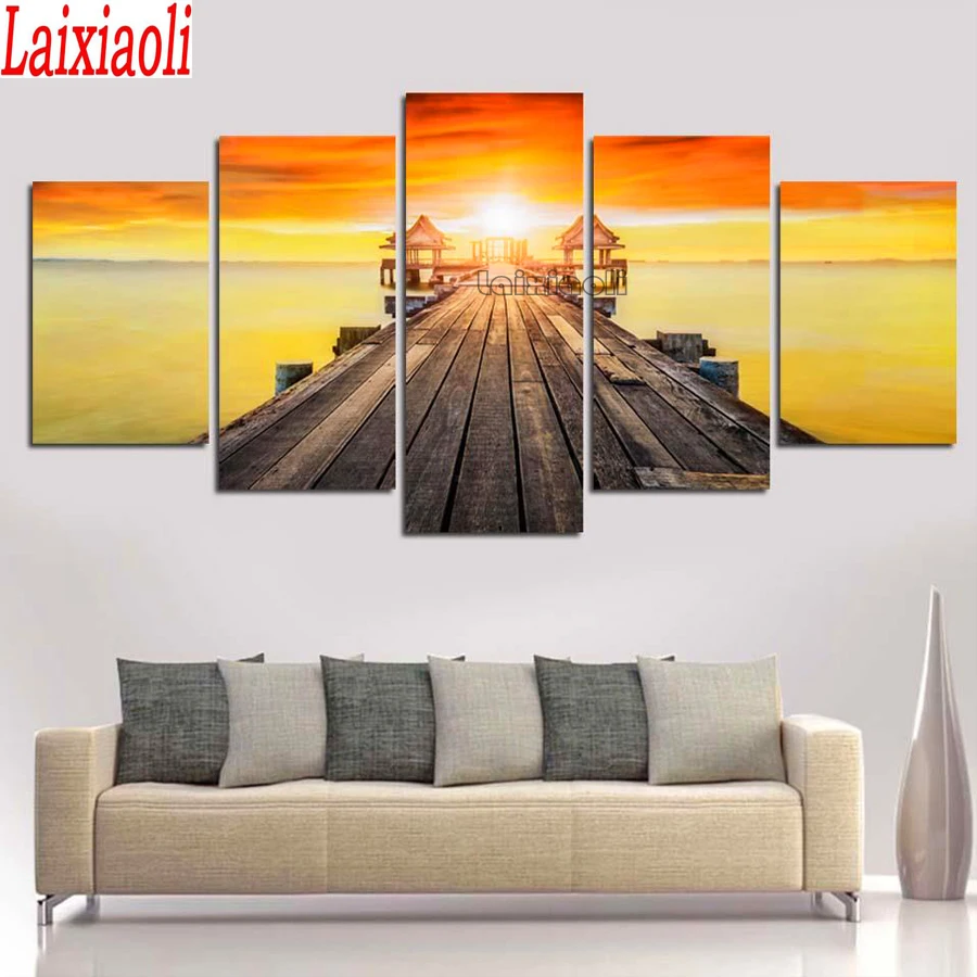 

5 Pcs Sea Wood Bridge Sunset Scenery multi picture diamond painting 3d diy handmade,full square round diamond embroidery decor