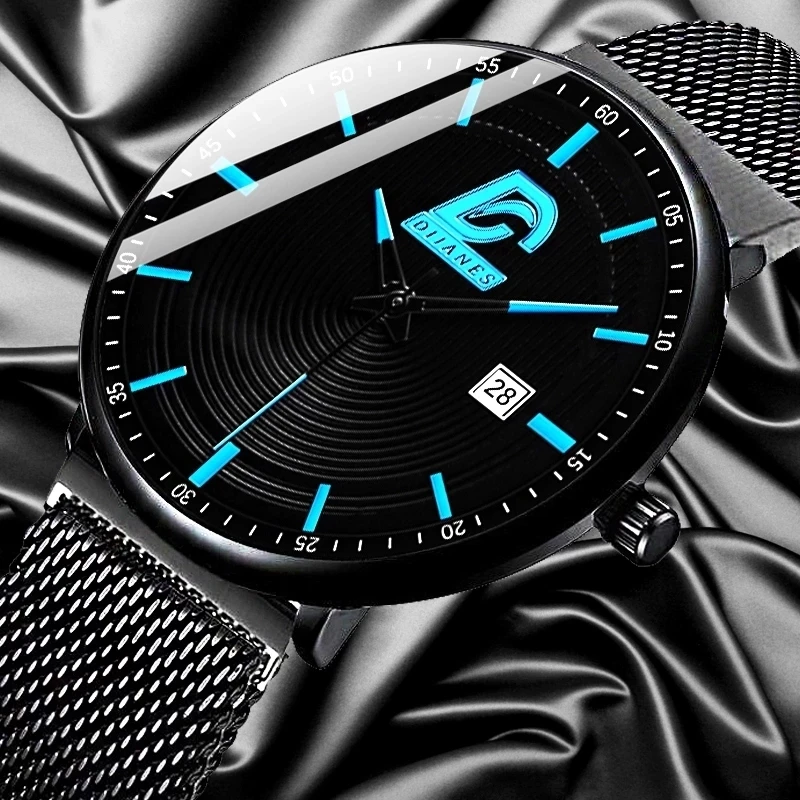 

Fashion New Design Men's Watches Simple Ultra Thin Blue Hands Business Steel Mesh Belt Quartz Men Wristwatches Reloj Hombre