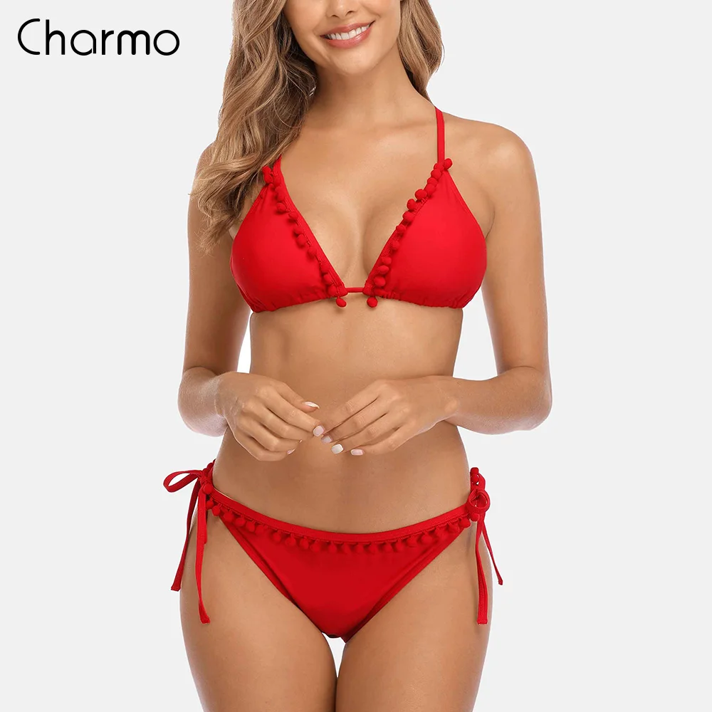 

Charmo Women Bikini Set Tassel Ball Swimsuit Halter Swimwear Solid Color Bathing Suit Sexy Push Up Beachwear