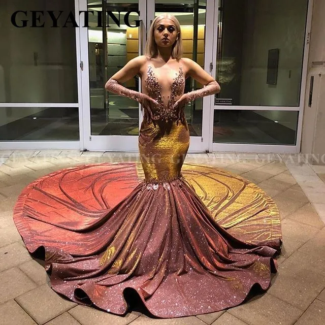 Блестящее коричневое прозрачное черное платье Русалка для выпускного вечера