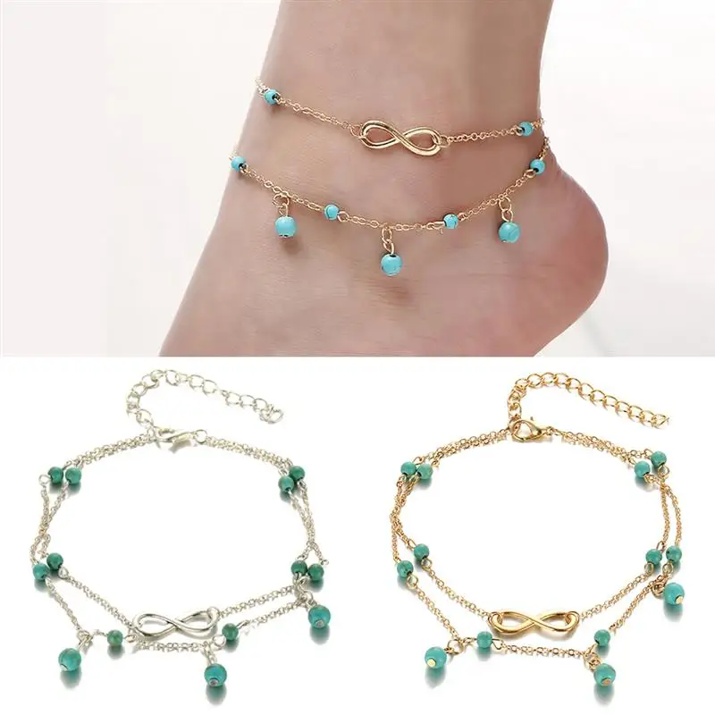 Retro Vintage Antique Silver Color Anklet Women Big Blue Stone Beads Bohemian Ankle Bracelet cheville Boho Foot Jewelry | Украшения и