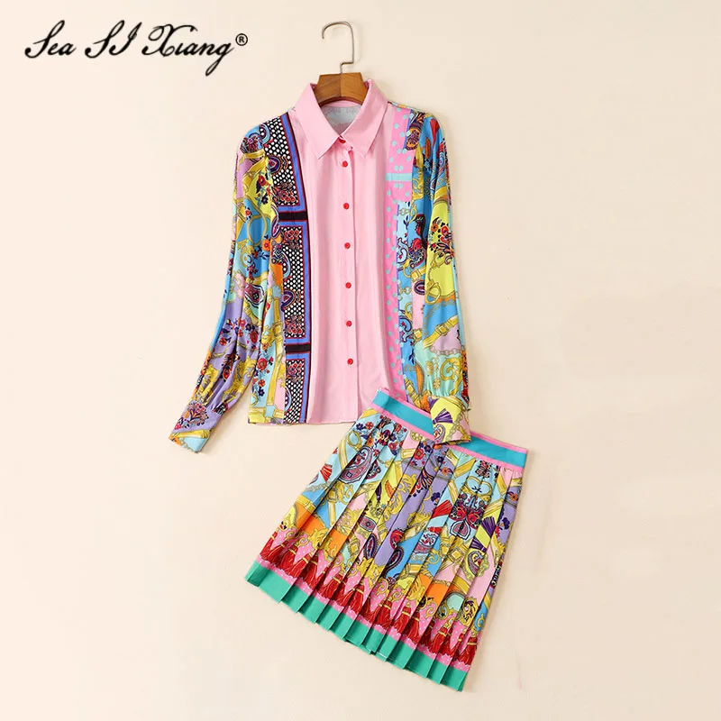 Seasixiang-Conjunto de dos piezas formado por Top y falda, camisa con cuello vuelto, para mujer