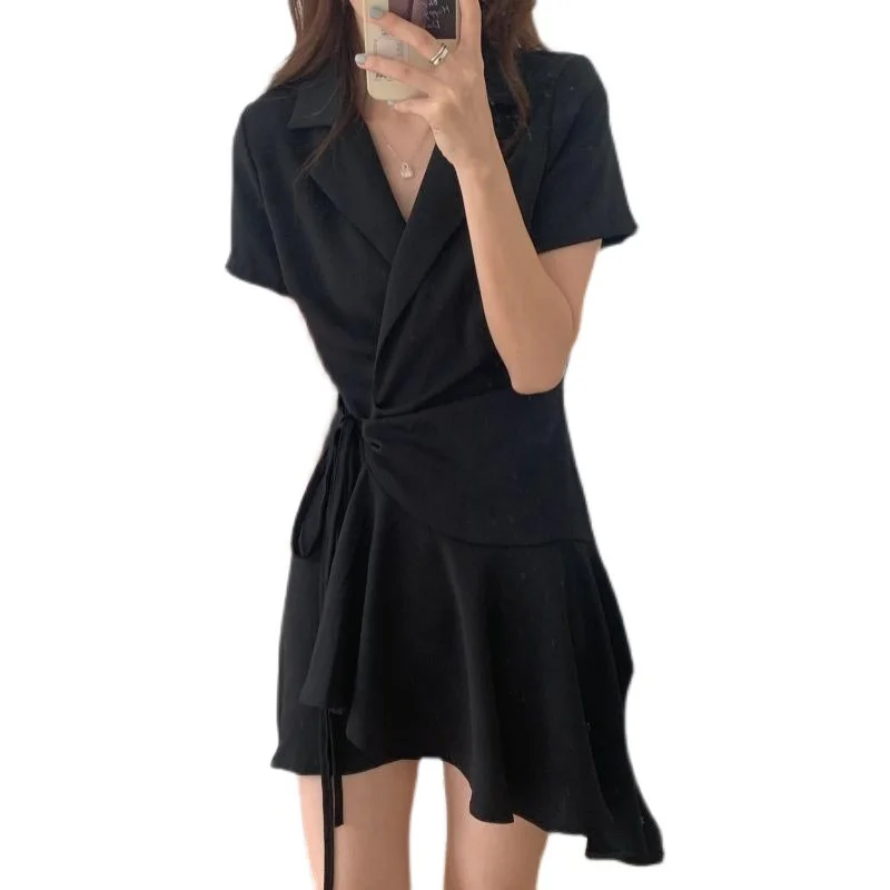 

COIGARSAM Ruffles Women dress High Waist V-Neck Dresses White Black 9622