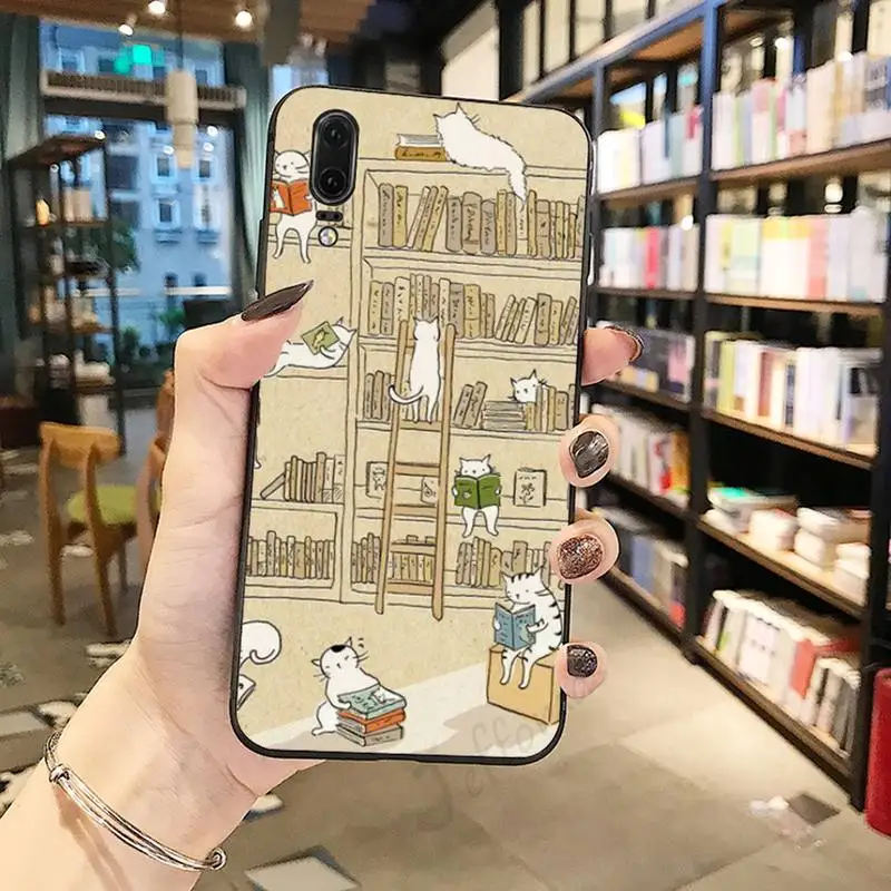 

cats and the library tree cartoon cute Phone Case For Huawei honor Mate P 10 20 30 40 i 9 8 pro x Lite smart 2019 nova 5t