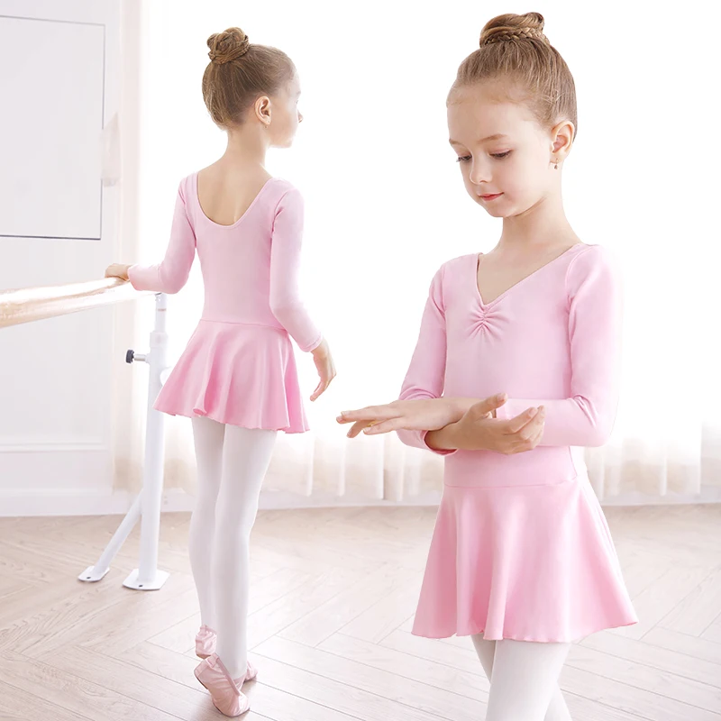 Girls Child Ballet Dance Dress Cotton Long Sleeve Ballet Leotard Dance Clothes Training Dancewear Girls Round-neck Ballet Dress
