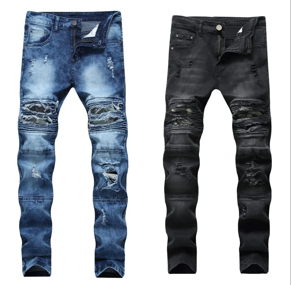 

New Denim Pants Men's Jeans European American Popular Ripped Hole Pencil Pants Leisure Cotton Straight-tube Men's Washed Trouser