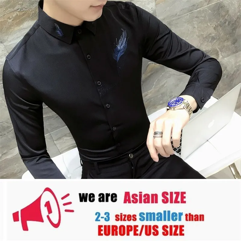 black Модные мужские вечерние рубашки, мужские рубашки с длинным рукавом Camisa Social Masculina, мужские черные белые Клубные рубашки с вышивкой - Цвет: black