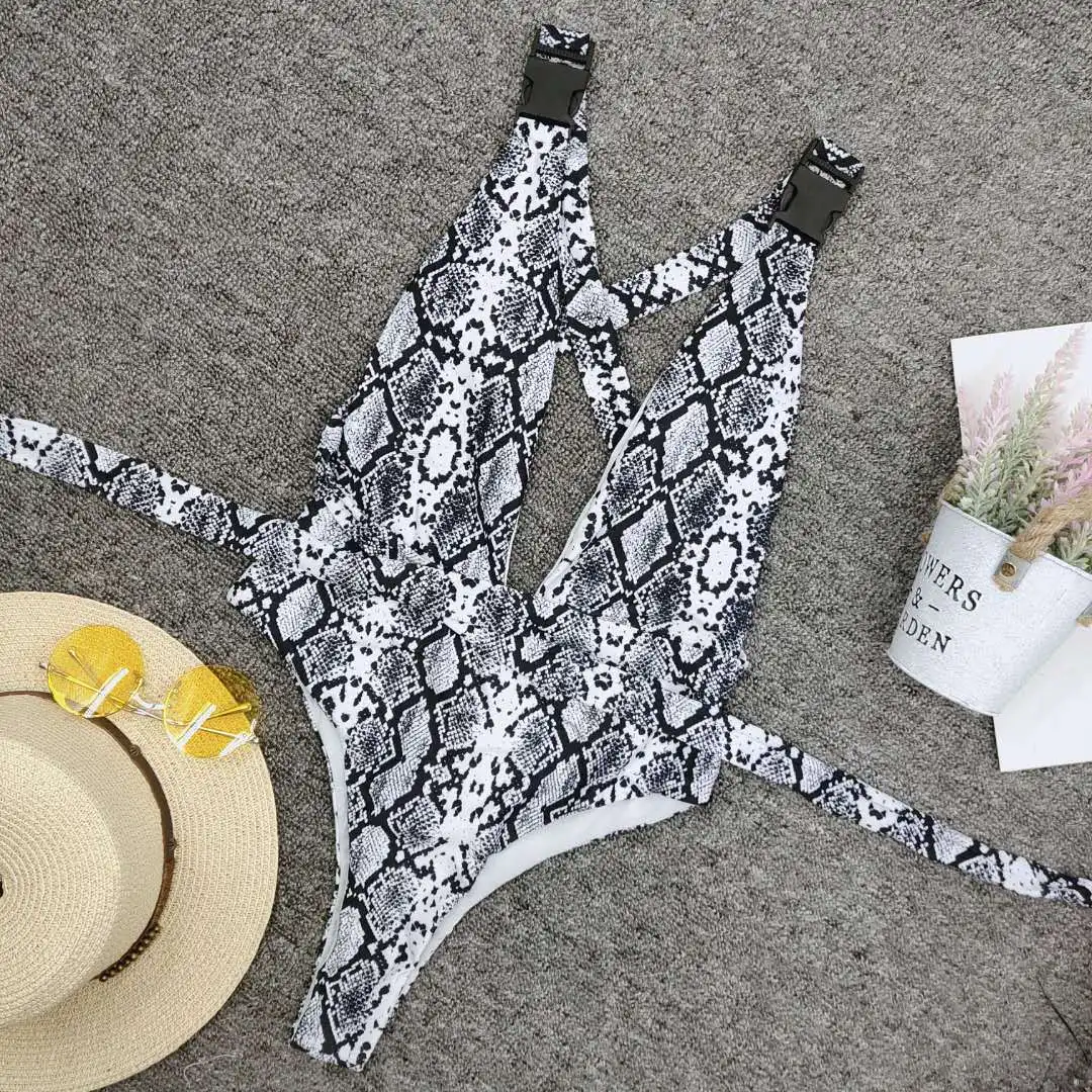 Женский купальник змеиный принт бикини Цельный пуш ап боди высокая талия